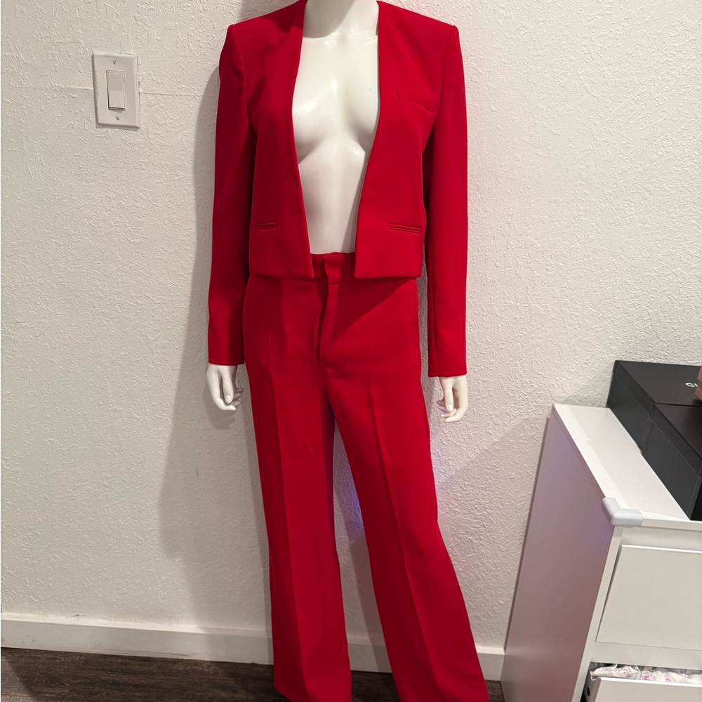 Zara Red Two-Piece Pantsuit Blazer & Wide-Leg Trousers